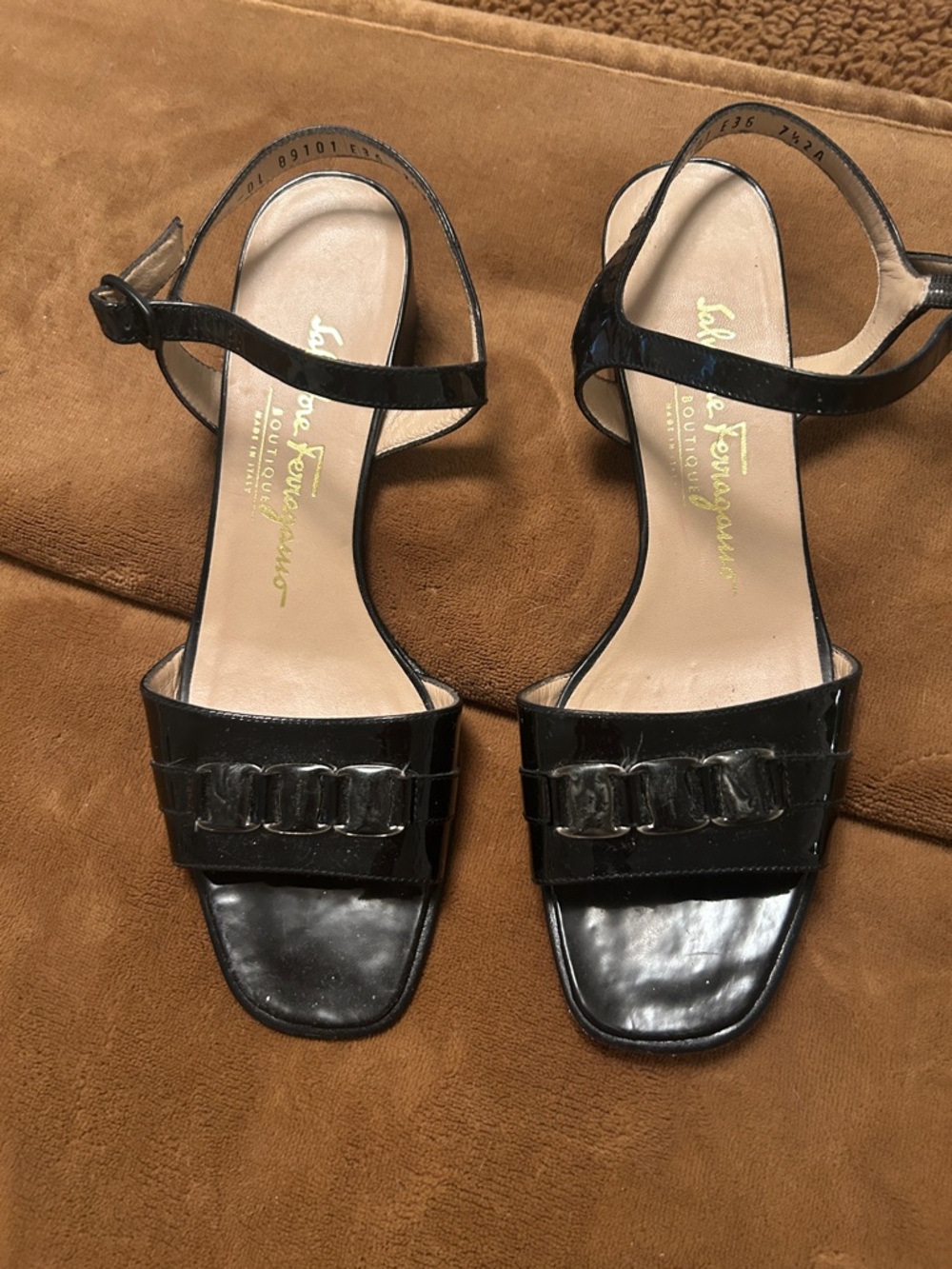 Salvatore Ferragamo Black Patent Leather Buckle-Detail Sandals